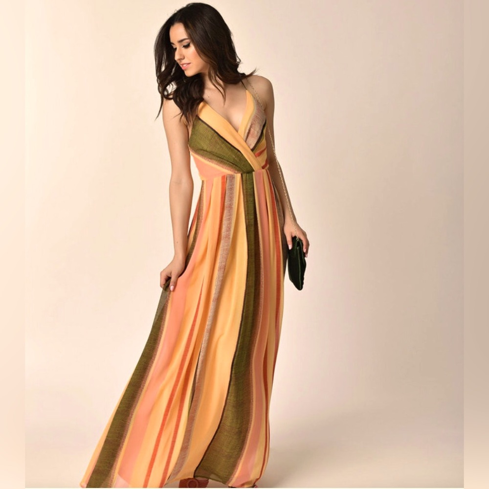 Chiffon Multicolored, Spaghetti Strap, A-line Flowey Maxi Dress